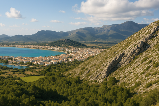 Vista panorámica de una ciudad costera en una bahía de Mallorca con techos de terracota, rodeada de vegetación verde, un acantilado rocoso en primer plano y una cadena montañosa al fondo bajo un cielo ligeramente nublado.