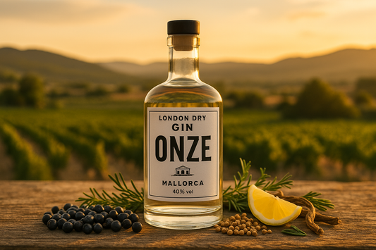 Una botella de ginebra ONZE London Dry Gin con la etiqueta bien visible reposa en una mesa de madera, rodeada de bayas de enebro, semillas de cilantro y rodajas de limón. Al fondo se distingue un paisaje mediterráneo iluminado por una luz cálida.