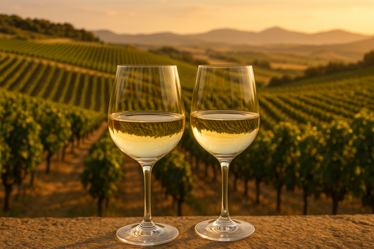 Dos copas de vino blanco se posan sobre un borde de piedra frente a un extenso viñedo en un atardecer dorado, con colinas y filas de vides en el horizonte.