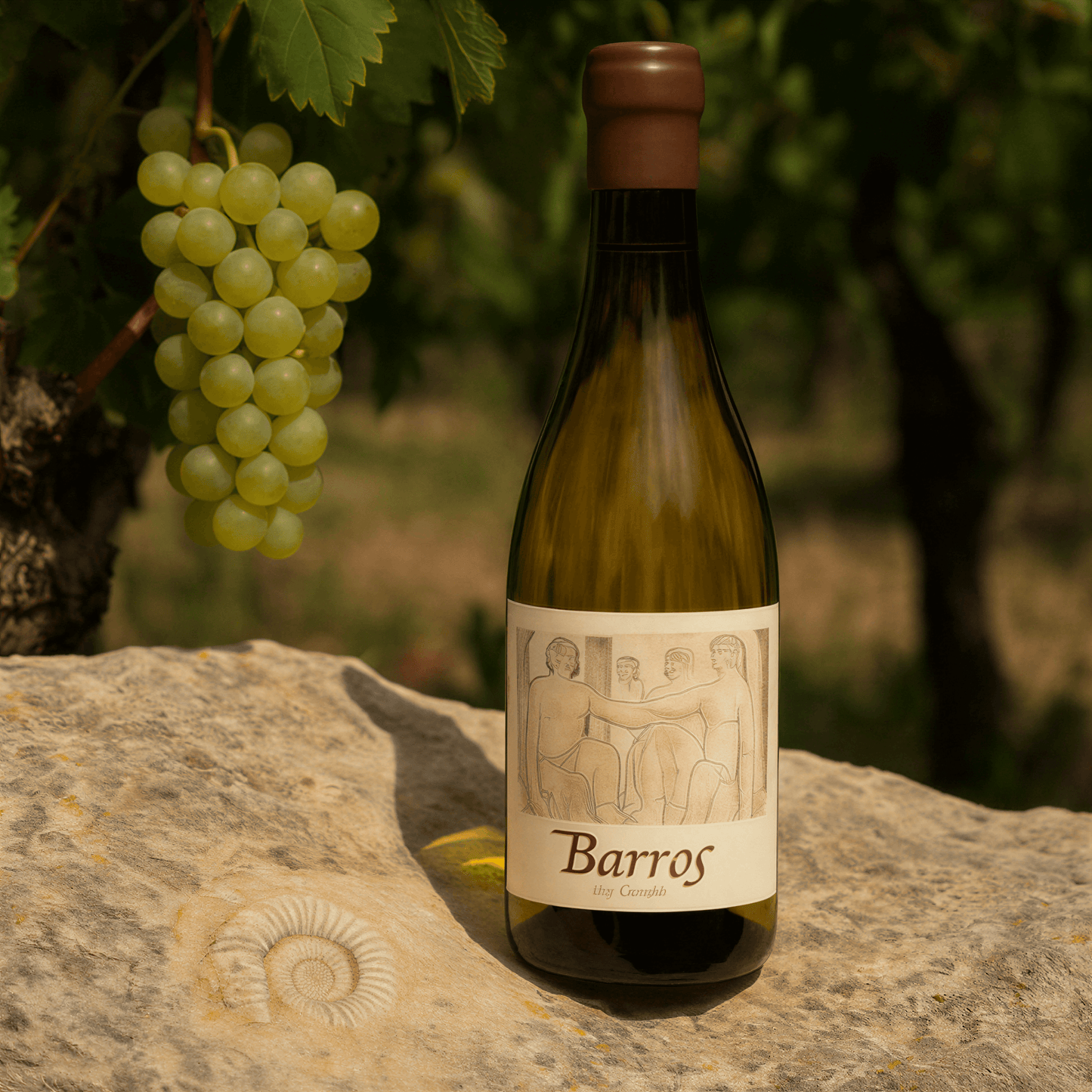 Una botella de vino blanco Barros de Cecili se encuentra sobre una roca de piedra caliza con un fósil visible. Junto a ella, racimos de uvas verdes Prensal Blanc cuelgan de una viña. La cálida luz del sol resalta el color dorado del vino y crea una atmósfera natural y elegante en el viñedo mediterráneo.