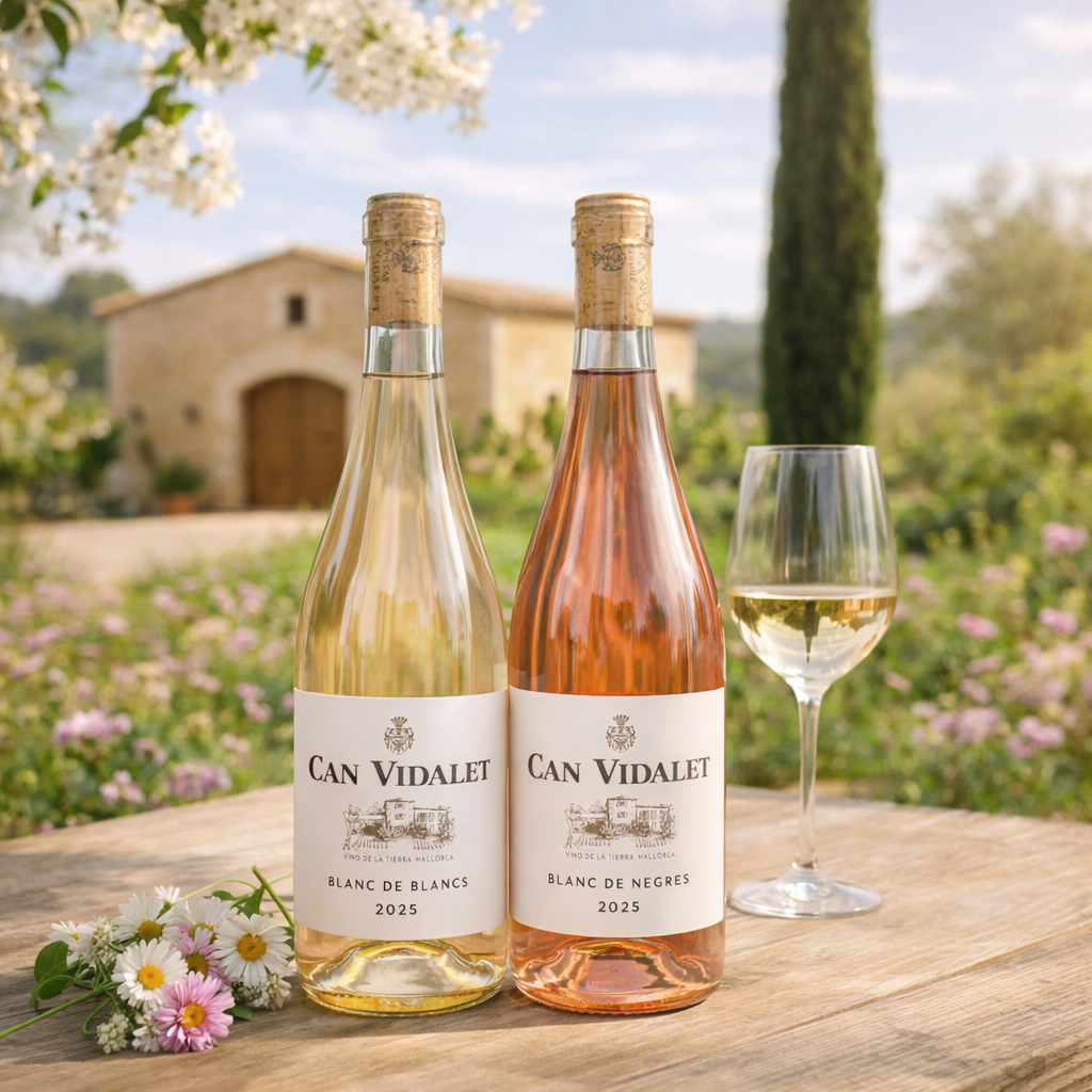 Caja Primavera 2026 featuring two wine bottles, one white and one rosé, with a glass of wine on a wooden table outdoors.