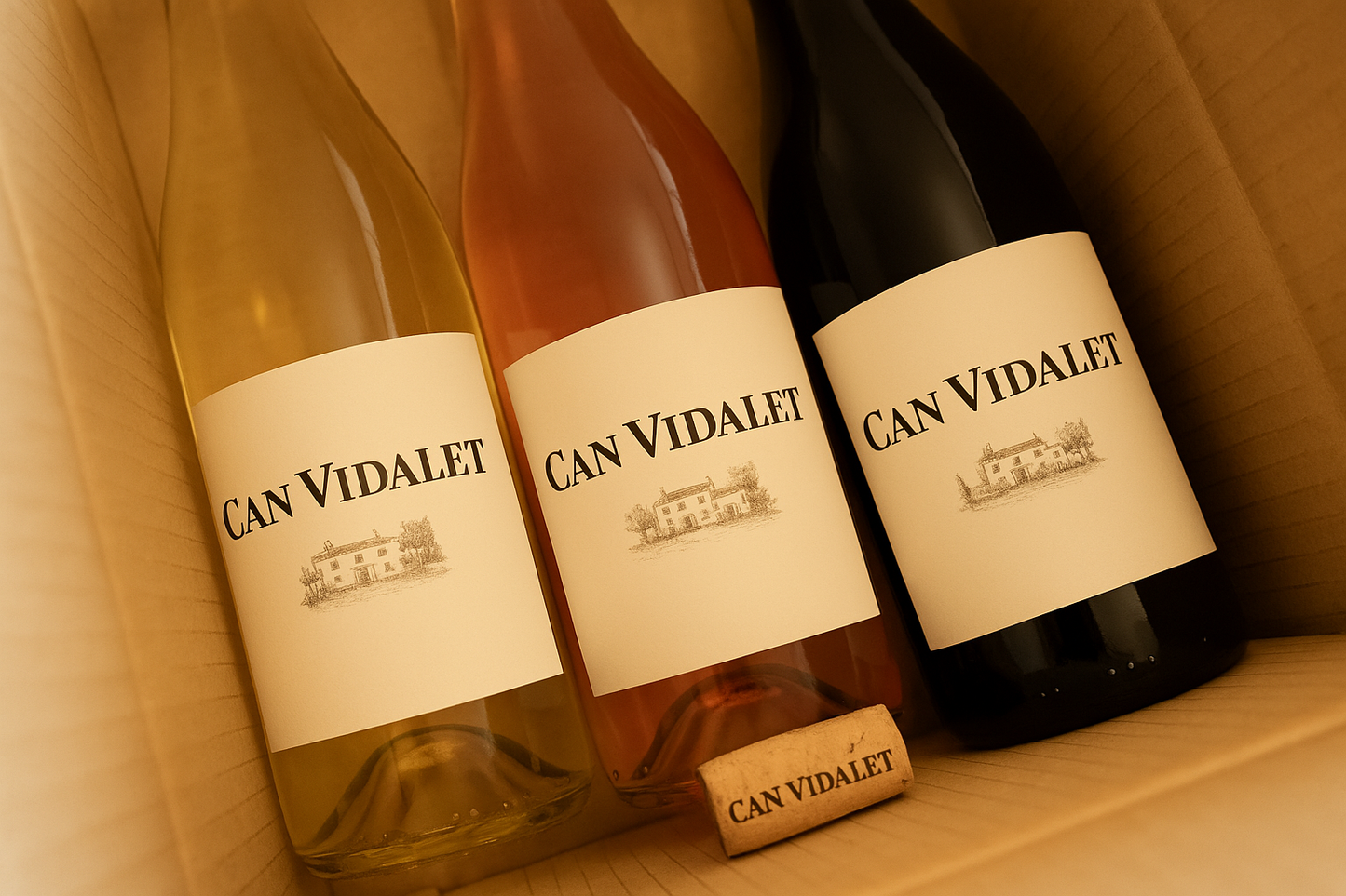 Tres botellas de vino de Bodegas Can Vidalet colocadas dentro de una caja de cartón color kraft. De izquierda a derecha, se aprecia un vino blanco, un vino rosado y un vino tinto, todos con etiquetas minimalistas que muestran el logotipo y la ilustración de la finca Can Vidalet. Frente a las botellas hay un corcho grabado con el nombre de la bodega. La imagen transmite elegancia, artesanía y la diversidad de vinos mallorquines elaborados por Can Vidalet en Pollença.