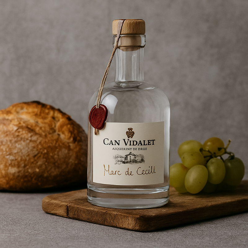 Una botella de Can Vidalet Marc de Cecili está sobre una mesa de madera rústica. Junto a ella hay uvas verdes y un pan recién horneado. La luz suave y natural resalta la botella transparente con sellado de cera y etiqueta elegante, creando un ambiente cálido, mediterráneo y artesanalmente elegante.