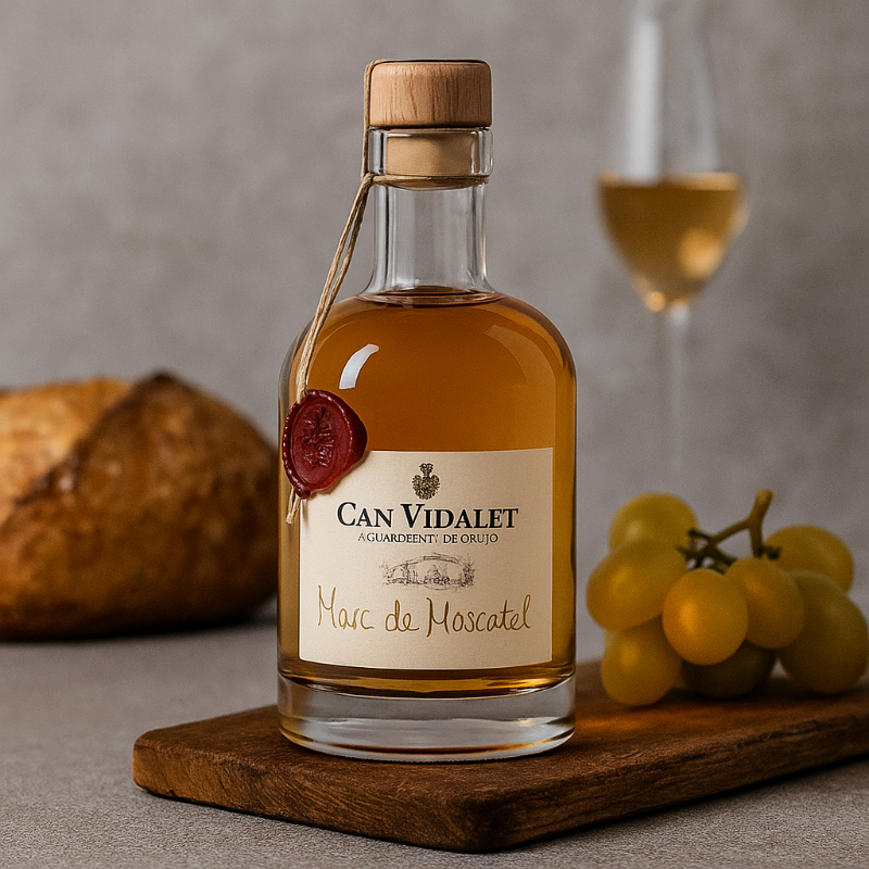 Una botella de Can Vidalet Marc de Moscatel está sobre una mesa de madera. Al lado yacen uvas moscatel doradas y, al fondo, un vaso con orujo color ámbar. La luz cálida resalta la elegante botella con sello de cera y le confiere a la imagen una atmósfera noble y mediterránea.