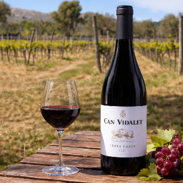 Botella de Terra Fusca 2019 de Can Vidalet servida en plena viña en Mallorca. Un vino tinto artesanal con carácter mediterráneo, perfecto para descubrir la esencia de la Serra de Tramuntana.