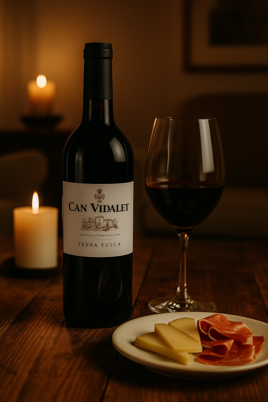 Botella de vino tinto Terra Fusca de Can Vidalet con copa de vino y tapas mallorquinas sobre una mesa iluminada por velas.