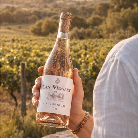 Botella de Blanc de Negres 2025 de Can Vidalet sostenida frente a los viñedos de Pollença, Mallorca. Vino rosado ecológico de la Serra de Tramuntana con carácter mediterráneo.