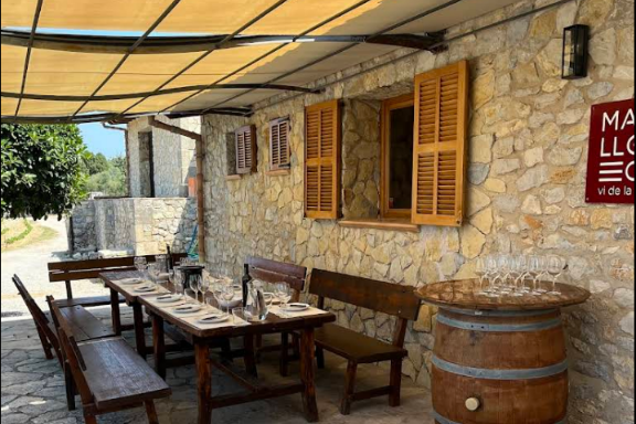 Terraza de la bodega Can Vidalet en Mallorca, con mesas de madera preparadas para una degustación de vinos. El ambiente combina la arquitectura tradicional mallorquina de piedra con un entorno natural perfecto para disfrutar de una experiencia enoturística auténtica.