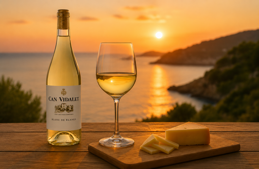 Enjoy Can Vidalet Blanc de Blanes white wine at sunset overlooking the sea in Mallorca, paired with a glass of wine and local cheese in a warm Mediterranean setting.