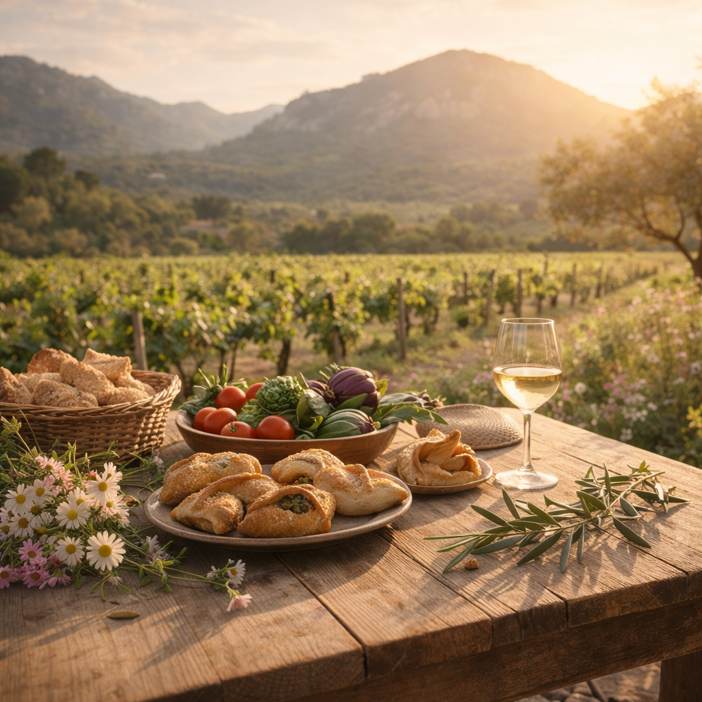 Escena primaveral en Mallorca con mesa mediterránea al aire libre, platos tradicionales de Semana Santa (panades y cocarrois), verduras frescas y vino blanco, con viñedos y la Serra de Tramuntana al fondo.
