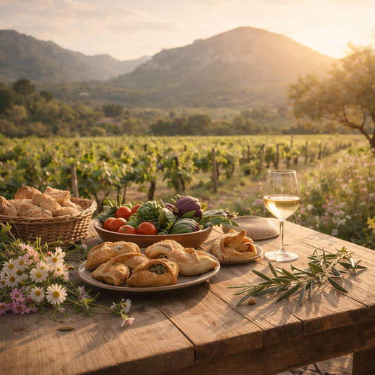 Escena primaveral en Mallorca con mesa mediterránea al aire libre, platos tradicionales de Semana Santa (panades y cocarrois), verduras frescas y vino blanco, con viñedos y la Serra de Tramuntana al fondo.