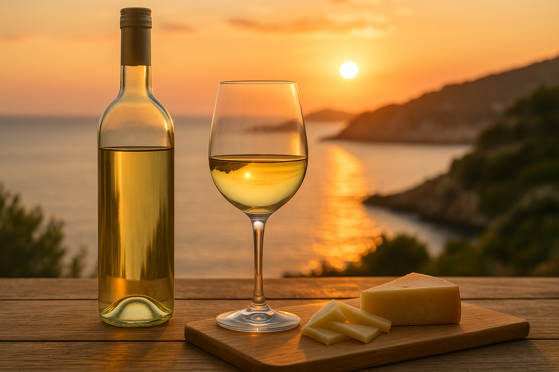 Una mesa de madera con una botella y copa de vino blanco junto a queso, iluminados por la luz dorada del atardecer frente a un paisaje costero.