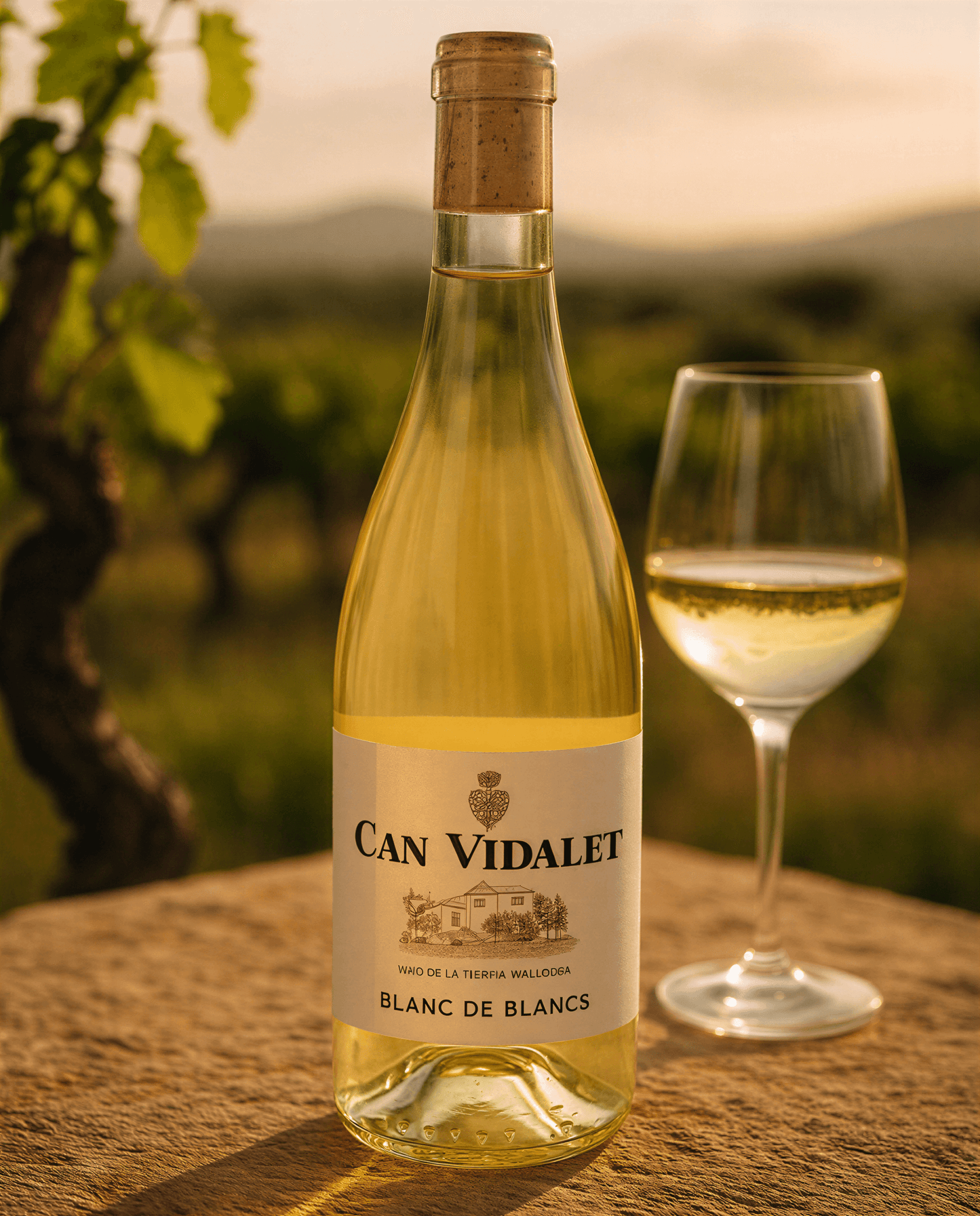 Botella de vino blanco Can Vidalet Blanc de Blancs junto a una copa servida, sobre una mesa de piedra con viñedos al fondo al atardecer.