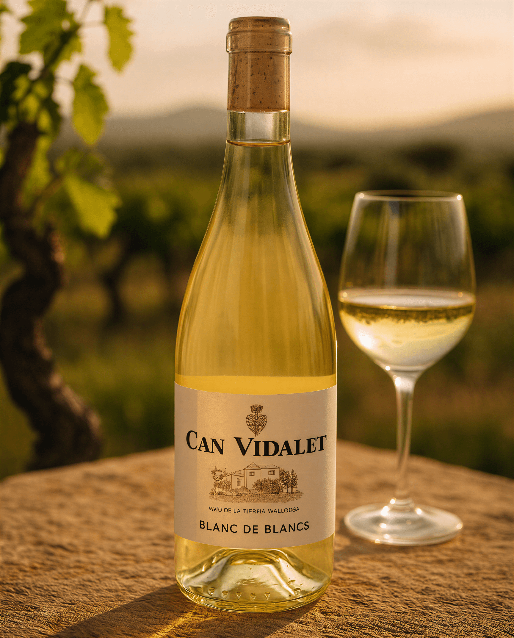 Botella de vino blanco Can Vidalet Blanc de Blancs junto a una copa servida, sobre una mesa de piedra con viñedos al fondo al atardecer.