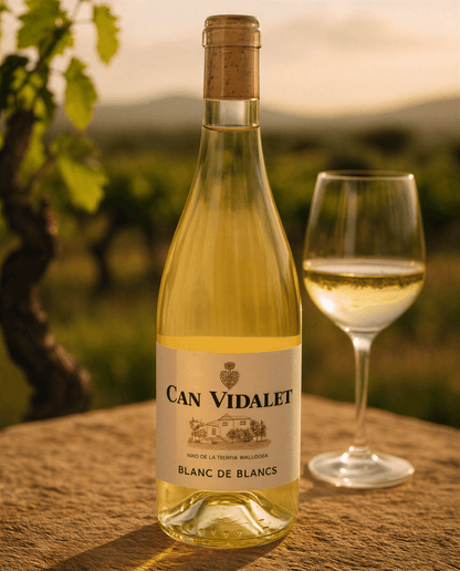 Botella de vino blanco Can Vidalet Blanc de Blancs junto a una copa servida, sobre una mesa de piedra con viñedos al fondo al atardecer.