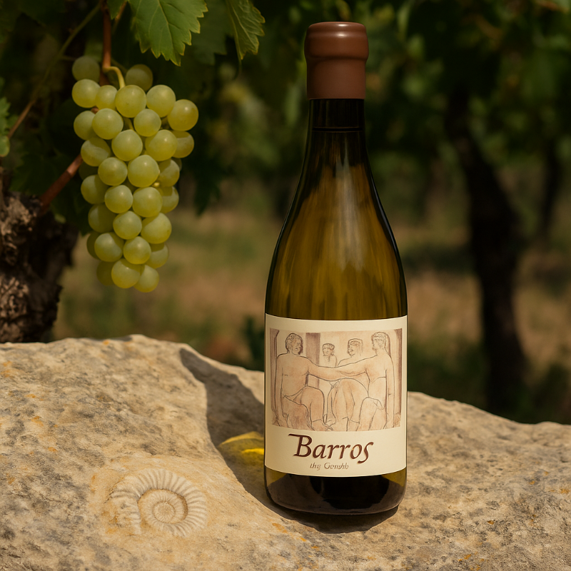 A bottle of Barros de Cecili white wine stands on a limestone rock with a visible fossil. Next to it, green Prensal Blanc grapes hang from a vine. The warm sunlight highlights the golden color of the wine and creates a natural, elegant atmosphere in the Mediterranean vineyard.