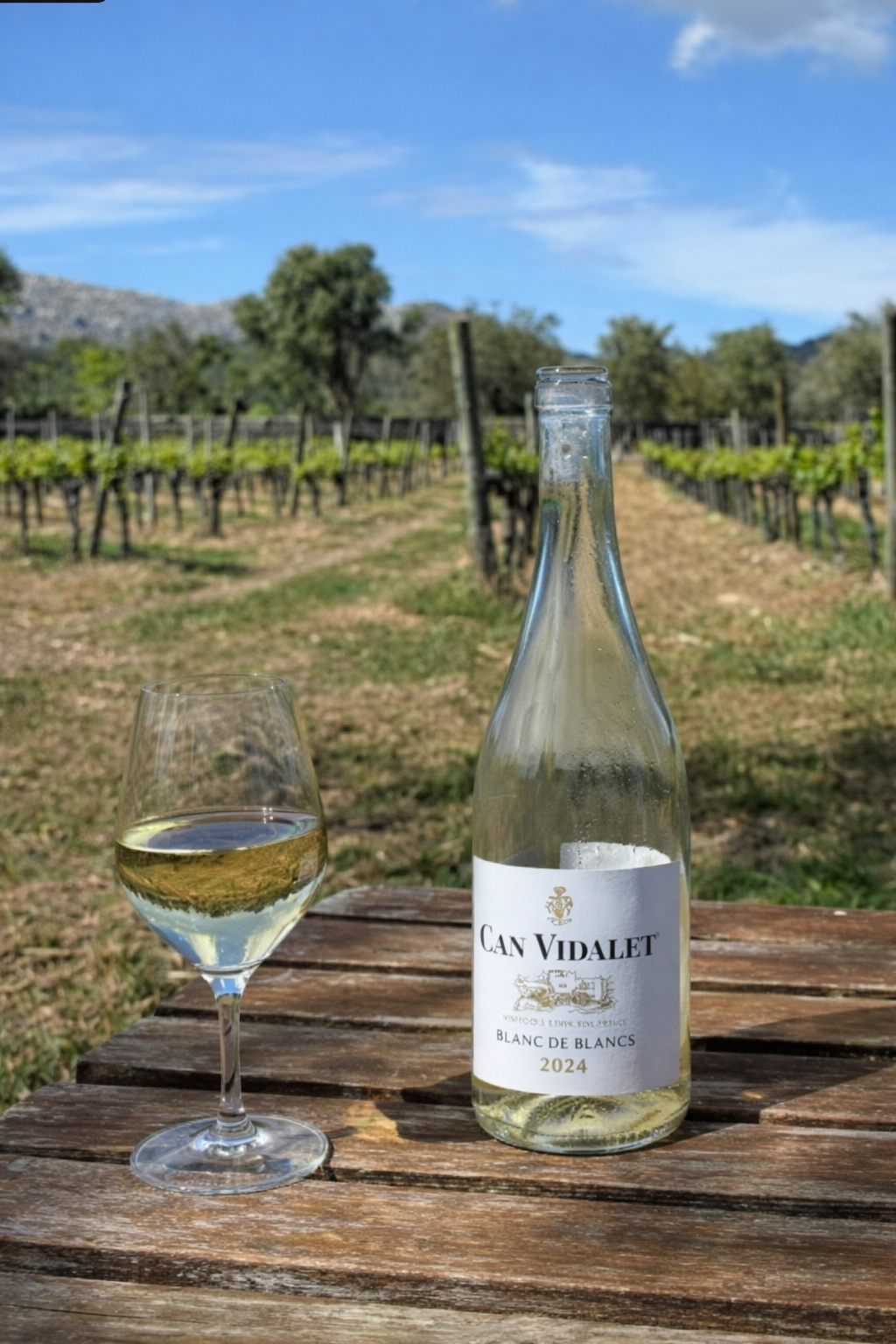 Botella de Blanc de Blancs 2024 de Can Vidalet servida en los viñedos de Mallorca con copa de vino. Vino blanco fresco y elegante elaborado cerca de Pollença.