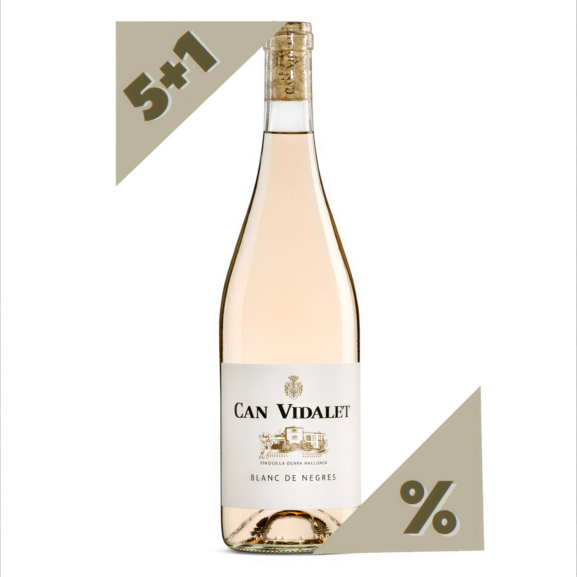 Botella de vino Blanc de Negres de Can Vidalet con promoción “5+1”: compra 6 y paga 5.