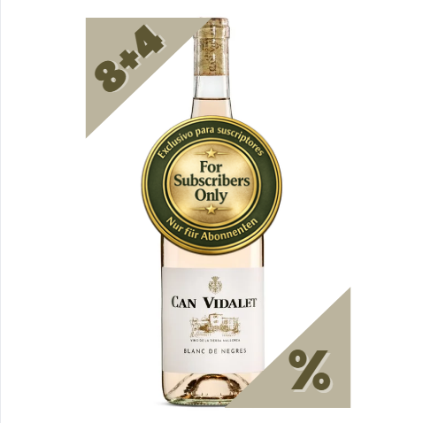 Botella de vino blanco, blanc de negres 2024 de Can Vidalet, Mallorca, en promocion exlusiva de 8+4