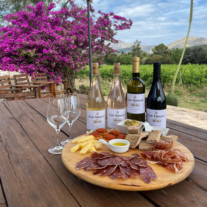 Mesa de madera en el viñedo de Can Vidalet, en Mallorca, con cuatro botellas de vino —dos rosados, un blanco y un tinto— acompañadas por una tabla de embutidos, quesos, pan mallorquín y aceite de oliva. Detrás, se aprecian copas de vino vacías, buganvillas en flor y un paisaje de viñedos con montañas al fondo bajo un cielo azul. Imagen representativa del enoturismo mallorquín, del vino artesanal y de la gastronomía local en Bodegas Can Vidalet, Pollença, Mallorca.