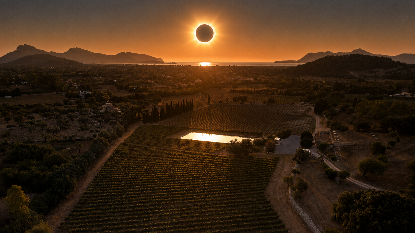 Aerial view of the Total Solar Eclipse above the vineyards of Bodegas Can Vidalet in Pollença, Mallorca. A unique wine experience in the Serra de Tramuntana during the 12 August 2026 eclipse.
