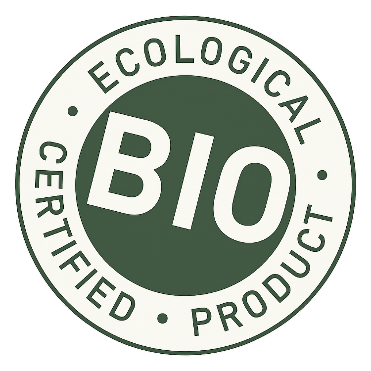 Sello de certificación ecológica con la palabra “BIO” en el centro y el texto “Ecological Certified Product” alrededor en un círculo verde. Este distintivo garantiza que el producto cumple con los estándares de sostenibilidad, respeto ambiental y producción orgánica certificada.