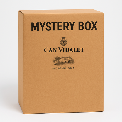 Caja de cartón color kraft con el logotipo y el sello de Bodegas Can Vidalet, identificada con el texto “MYSTERY BOX – Can Vidalet, Vino de Mallorca”. La caja, de diseño elegante y minimalista, representa un paquete sorpresa de edición limitada que incluye una selección exclusiva de vinos mallorquines elaborados artesanalmente en la bodega Can Vidalet, en Pollença.