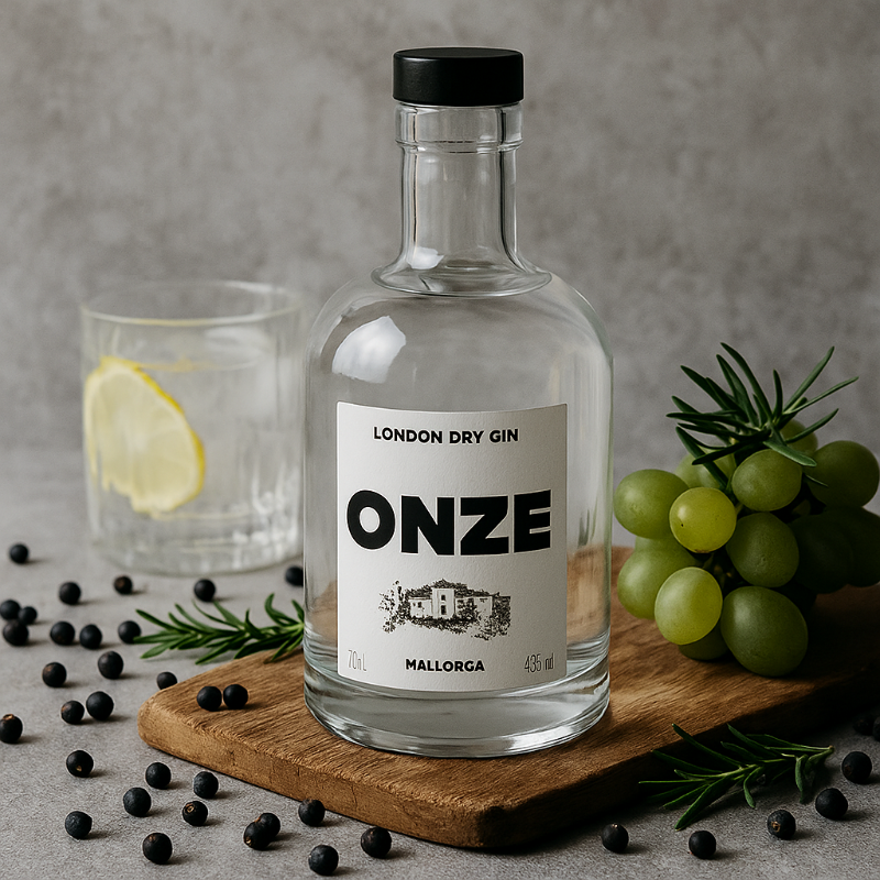 Una botella de ONZE London Dry Gin está sobre una tabla de madera rústica, rodeada de bayas de enebro, romero y uvas verdes. En el fondo hay un vaso de gin tonic con una rodaja de limón. La imagen es cuadrada, con una iluminación elegante y transmite una atmósfera moderna y mediterránea.
