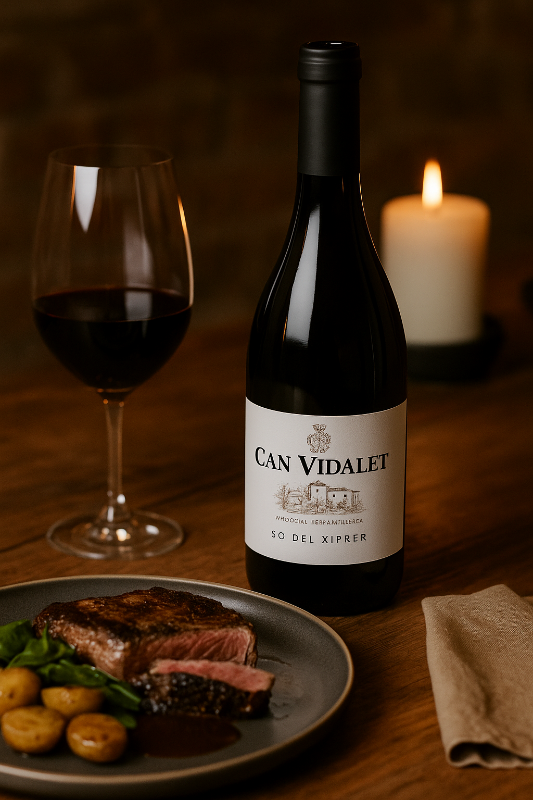A bottle of Can Vidalet So del Xiprer red wine sits on a rustic wooden table in a warm, cozy atmosphere. Next to it are a glass of red wine and a plate with steak, potatoes, and green vegetables. In the background, a burning candle provides soft light and an elegant, inviting ambiance.