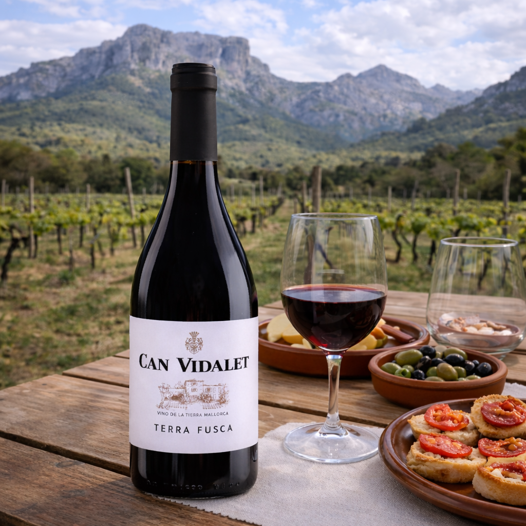 Botella de Terra Fusca de Can Vidalet con copa de vino y tapas mallorquinas frente a los viñedos y la Serra de Tramuntana en Mallorca. Vino tinto elegante y mediterráneo.