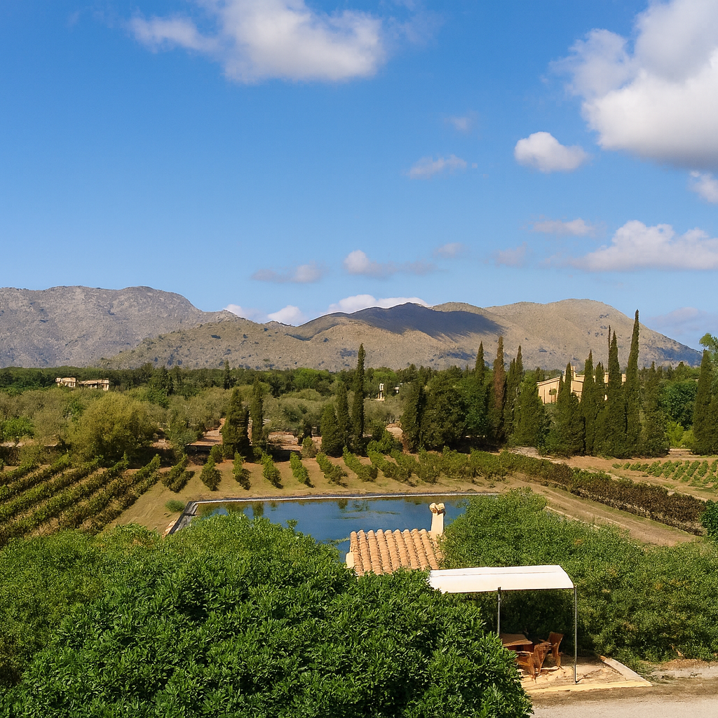 Panorámica de los viñedos de Bodegas Can Vidalet en Pollença, Mallorca, bajo un cielo azul despejado con algunas nubes blancas. En primer plano se aprecian árboles frutales y una pérgola con mesa y sillas, mientras que al fondo se extienden hileras de vides verdes rodeadas de cipreses y olivos. Las montañas de la Serra de Tramuntana enmarcan el paisaje, transmitiendo serenidad, naturaleza y el espíritu mediterráneo de la viticultura mallorquina artesanal.
