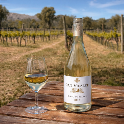 Botella de Blanc de Blancs 2025 de Bodegas Can Vidalet con copa de vino frente a los viñedos de Pollença en la Serra de Tramuntana, Mallorca. Vino blanco ecológico fresco y mediterráneo.