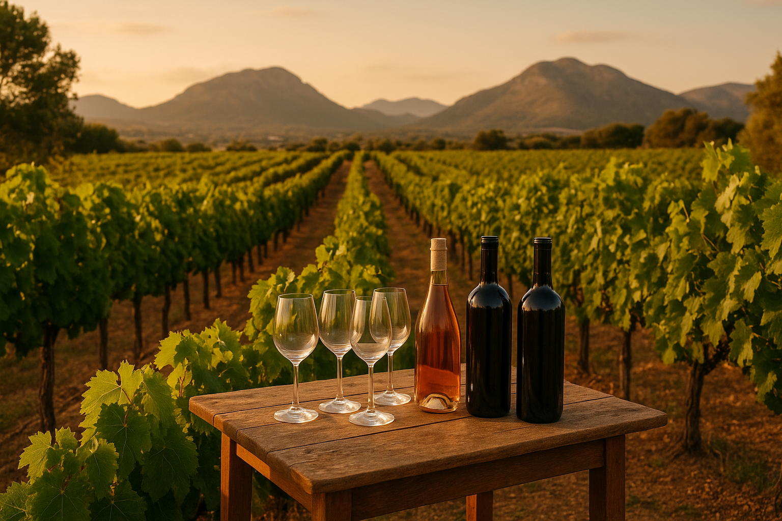 una fotografía en formato horizontal de una pequeña mesa de cata en medio de los viñedos, con un fondo de montañas y campos cerca de Pollença. Podrían aparecer unas pocas copas de vino y botellas artesanales sobre la mesa, rodeadas de viñas y luz mediterránea, sugiriendo un ambiente íntimo y de producto local sin grandes grupos.